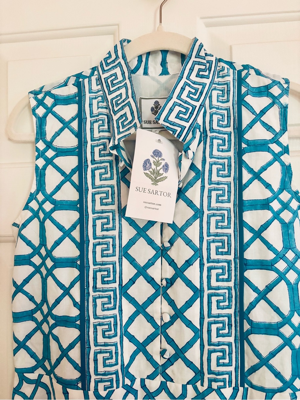 NWT Sue Sartor Sleeveless Teal and White Patterned Dress - 100% Cotton